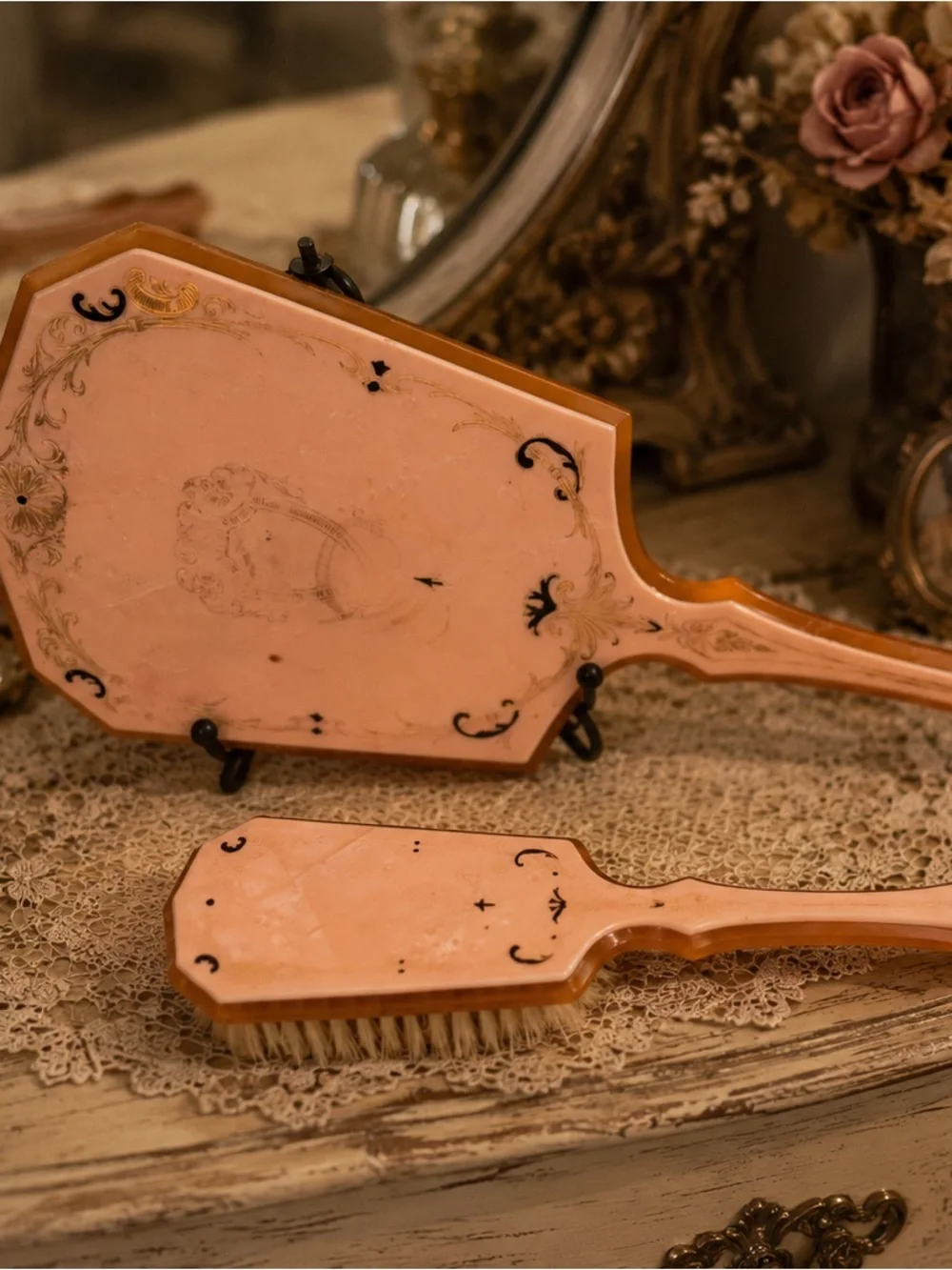 Vintage Pink Decorative Hand Mirror and Brush Set